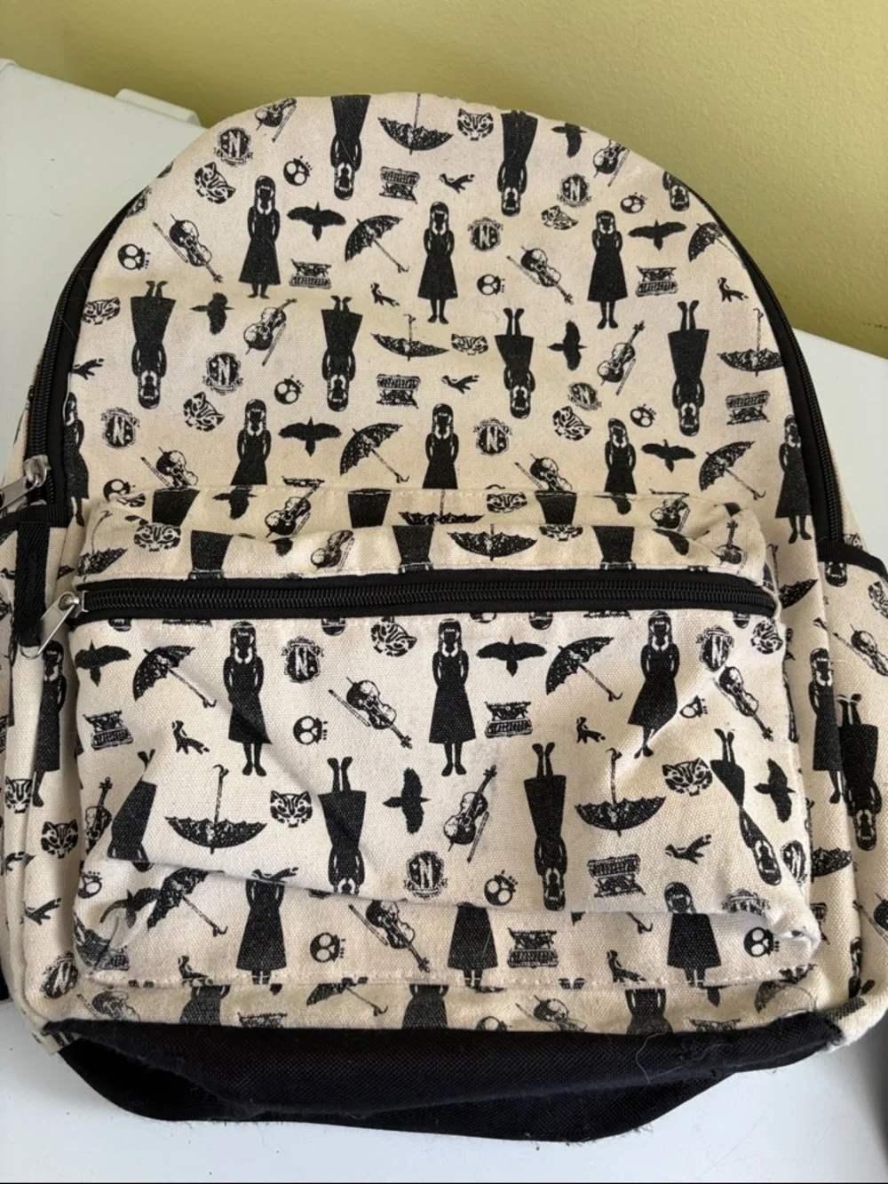 Wednesday Addams Cream & Black Printed Canvas Backpack